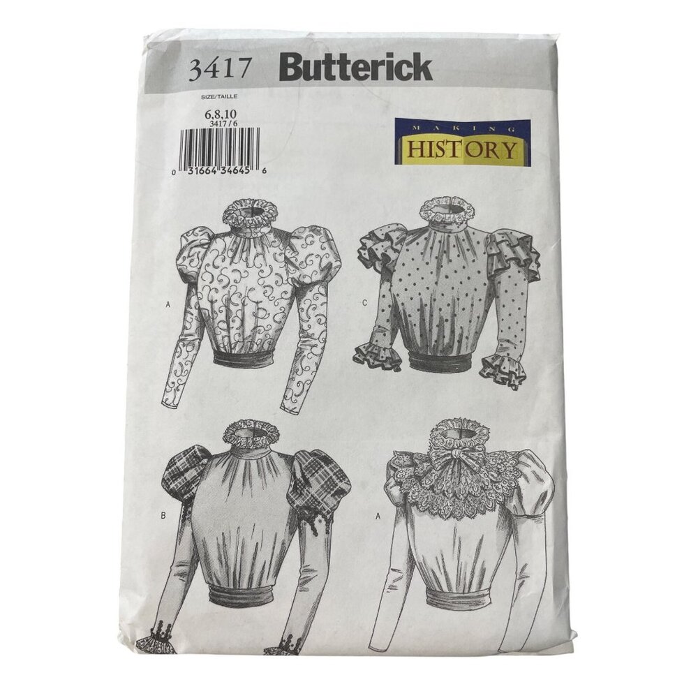 Y2K Butterick 3417 Blouse Sewing Pattern Sizes 6-10 Making History Costume UNCUT